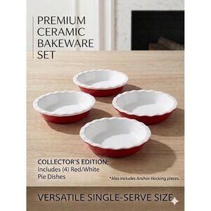 Anchor Hocking 4pc Mini Pie Dish Set 6" Ceramic Red White Bakeware USA